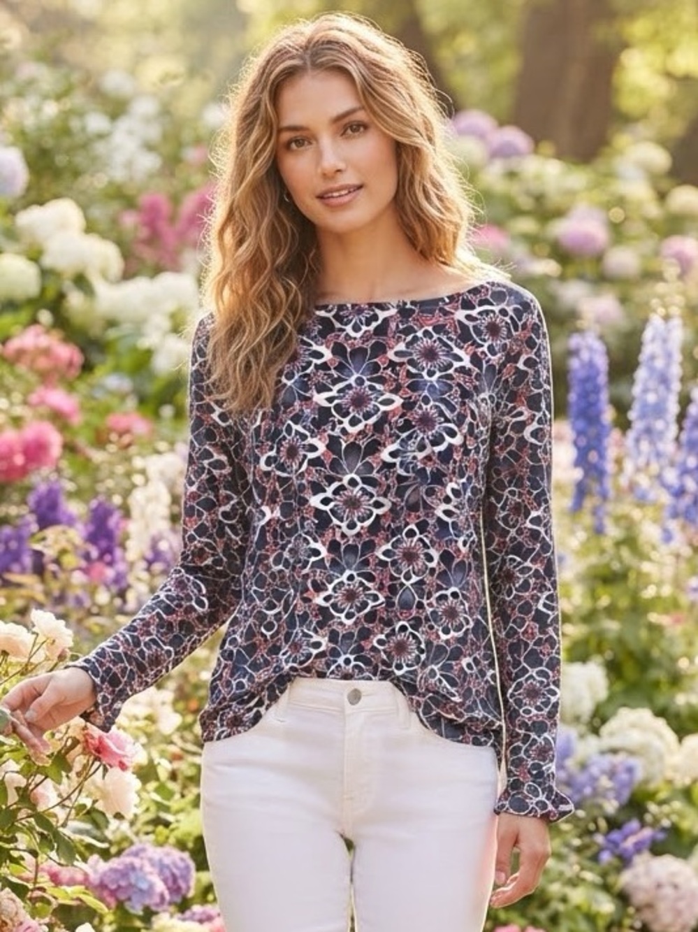 LOFT Navy Floral Long-Sleeve Boatneck Top with Pink Accents